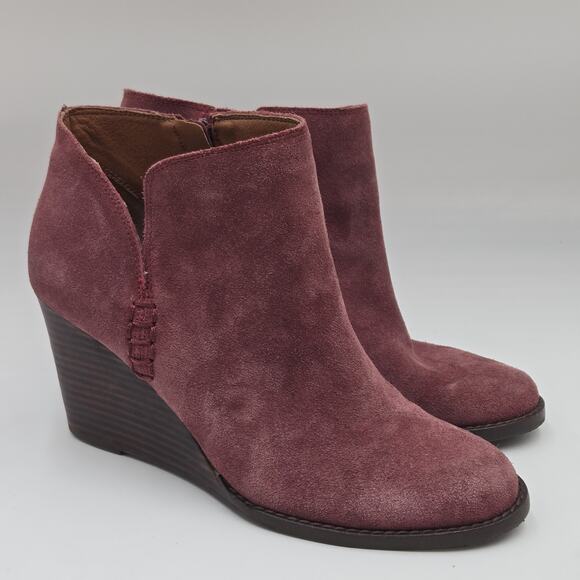 Lucky Brand Yimme Suede Ankle Wedge Bootie Wine Red 8.5 M Side Zip Boho - Picture 1 of 8